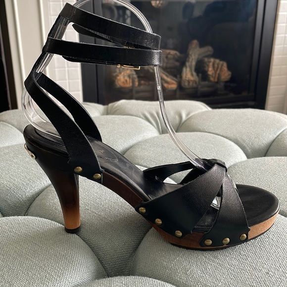 7 For All Mankind Black Leather Sandals with Wooden Ombré Heels - Picture 9 of 16